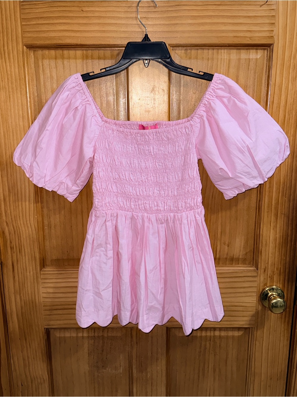 NWT Simply Southern Pink Smocked Square-Neck Puff Sleeve Scalloped Blouse-S - Picture 3 of 13